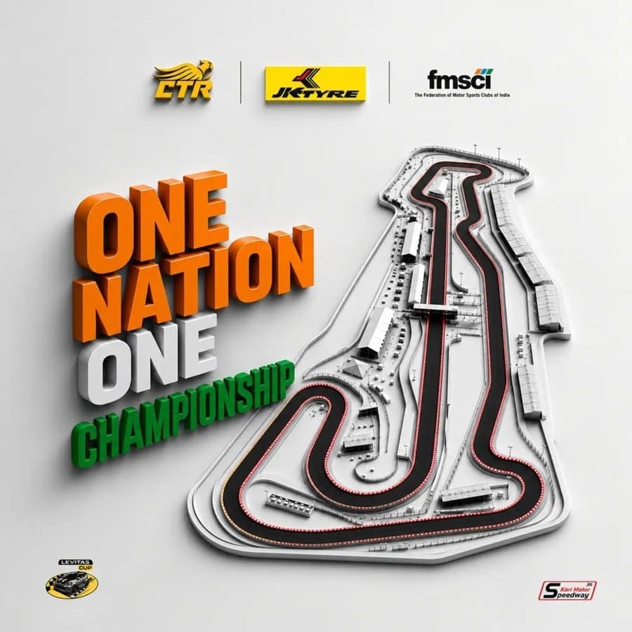 One Nation, One Championship — 3D render of the Kari Motor Speedway circuit, presented by CTR × JK Tyre × FMSCI.