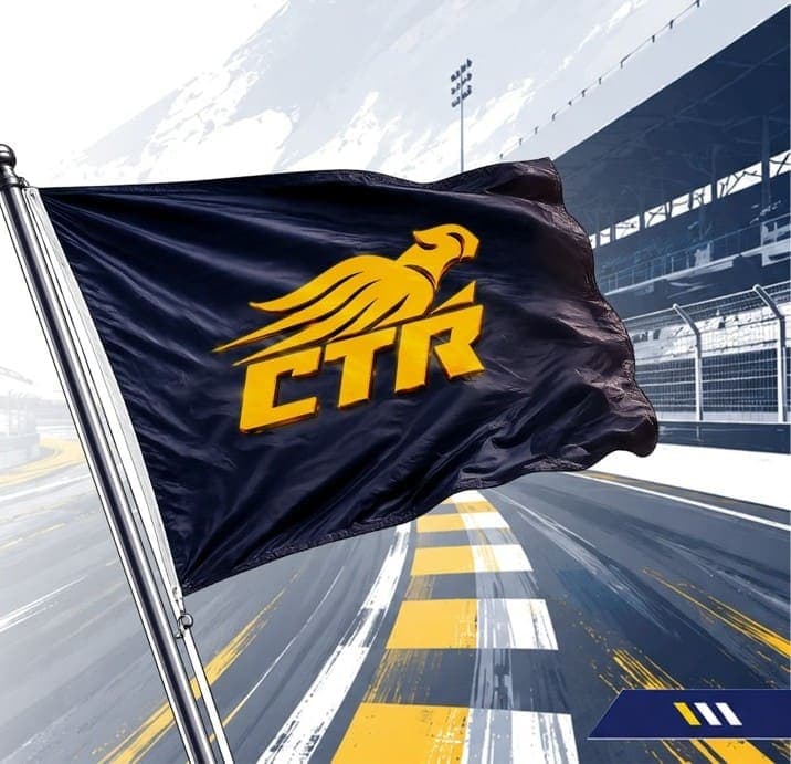 Navy CTR flag with the gold eagle waving over an empty race straight.