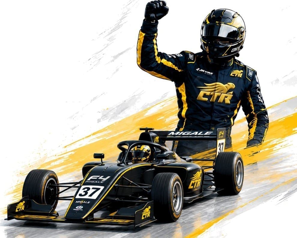 CTR driver in navy-and-gold suit, fist raised, beside the MIGALE F4 #37 car on a gold speed-streak background.