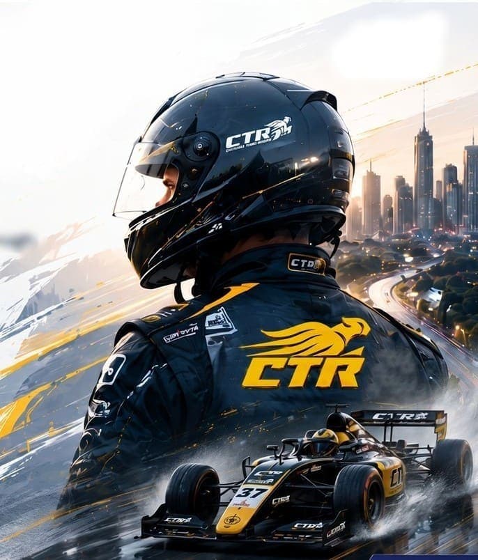Side profile of a helmeted CTR driver over a city skyline at dusk, F4 car lower-right.