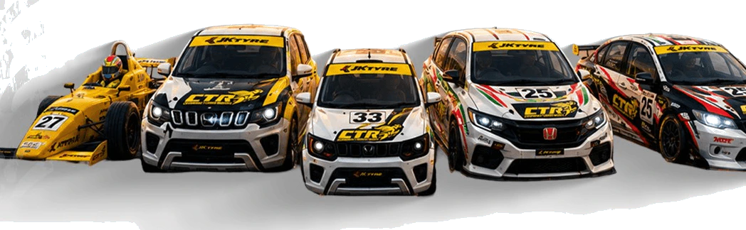 The multi-category grid — Formula 4, saloon, hatchback and touring cars in CTR and JK Tyre livery.