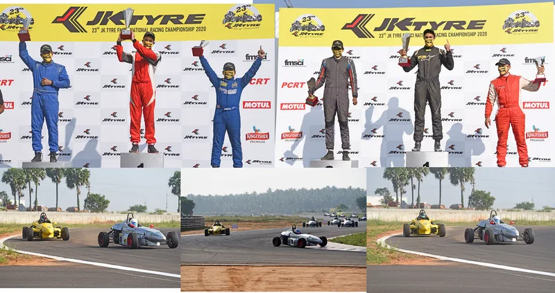 Winners on the podium and formula cars on track, in a collage of photos