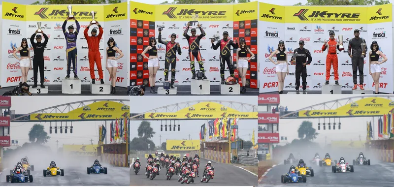 Podium ceremonies and formula cars racing on a wet track, in a collage of photos
