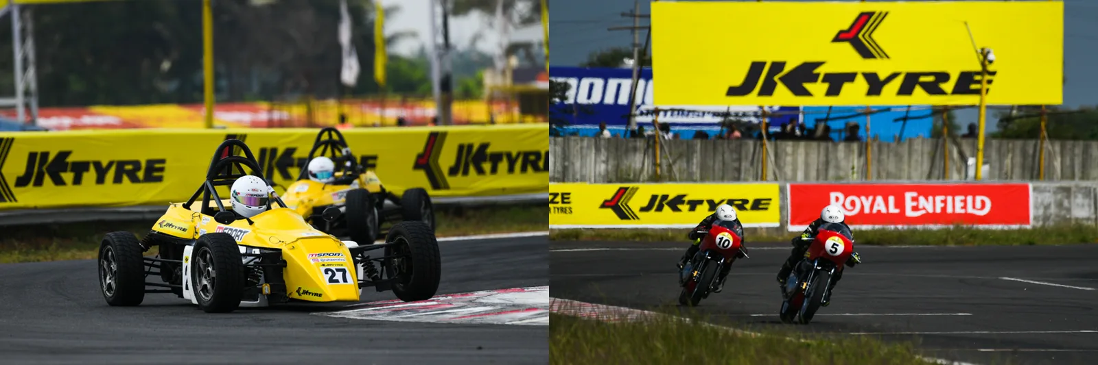 A yellow formula car and two motorcycles on track beside JK Tyre hoardings