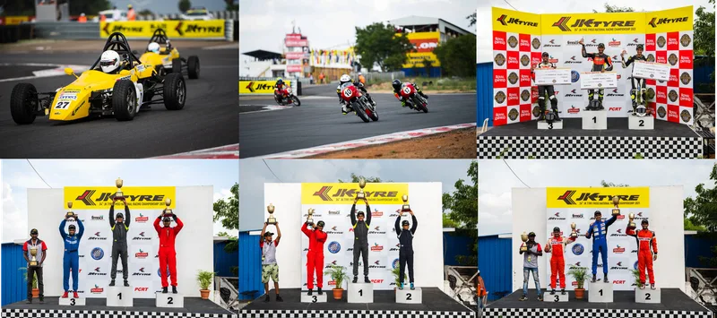 A yellow formula car, motorcycles and podium ceremonies, in a collage of six photos