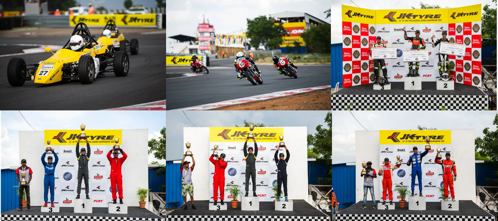A yellow formula car, motorcycles and podium ceremonies, in a collage of six photos