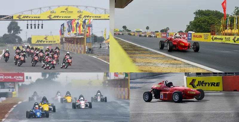 Formula cars and motorcycles racing at Kari Motor Speedway, in a collage of four photos