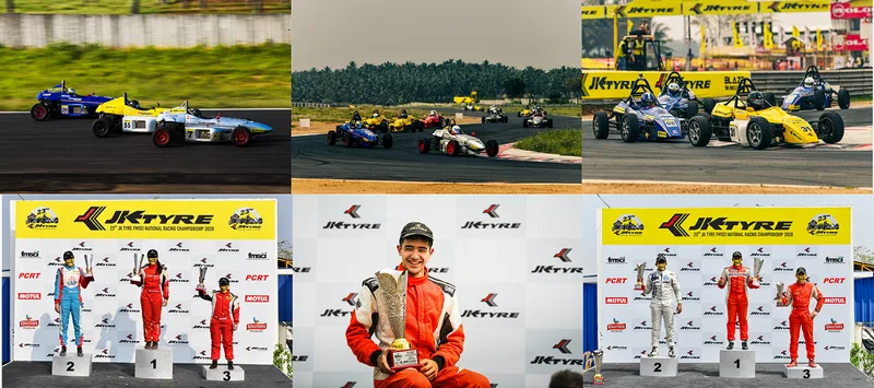 Formula cars on track and winners on the podium, in a collage of six photos